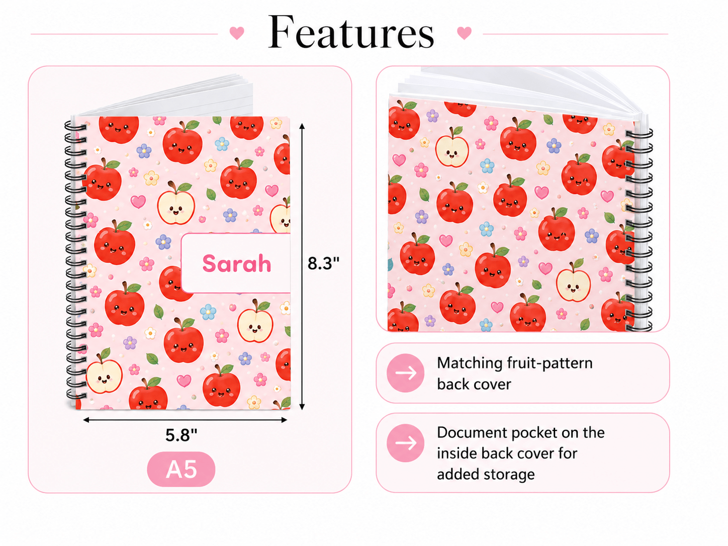Fruits notebooks for Kids, Wire-O, Personalized with Name, 100 pages (50 paper),A5 or A4, Softcover or Hardcover - الصورة 5